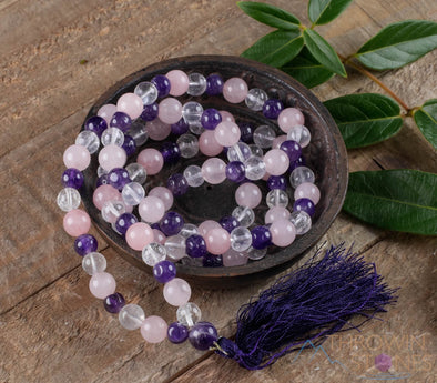 AMETHYST, Rose and Clear QUARTZ, Crystal Necklace, Mala - Handmade Jewelry, Beaded Necklace, Healing Crystals and Stones, E0538-Throwin Stones