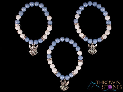 ANGELITE & MOONSTONE Crystal Bracelet - Angel Charm, Round Beads - Charm Bracelet, Beaded Bracelet, Handmade Jewelry, E2050-Throwin Stones