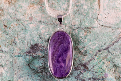 CHAROITE Crystal Pendant - Sterling Silver, Oval - Handmade Jewelry, Healing Crystals and Stones, J1630-Throwin Stones