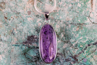 CHAROITE Crystal Pendant - Sterling Silver, Oval - Handmade Jewelry, Healing Crystals and Stones, J1664-Throwin Stones