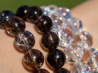 CLEAR or SMOKY QUARTZ Crystal Bracelet w Rainbow Flash - Round Beads - Beaded Bracelet, Handmade Jewelry, Healing Crystal Bracelet, E1935-Throwin Stones