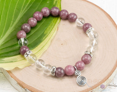 LEPIDOLITE & CLEAR QUARTZ Crystal Bracelet - Spiral Charm, Round Beads - Charm Bracelet, Beaded Bracelet, Handmade Jewelry, E0975-Throwin Stones
