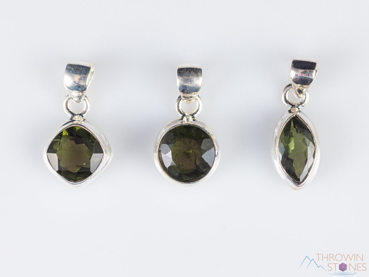 MOLDAVITE Pendant - Sterling Silver, Faceted Round, Marquise