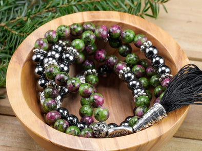 RUBY ZOISITE & HEMATITE Crystal Necklace, Mala - Beaded Necklace, Handmade Jewelry, Healing Crystals and Stones, E1355-Throwin Stones