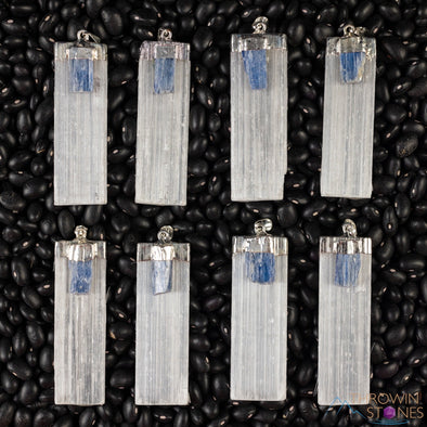 Raw SELENITE & Blue KYANITE Crystal Pendant - Raw Crystal Necklace, Handmade Jewelry, Healing Crystals and Stones, E0918-Throwin Stones
