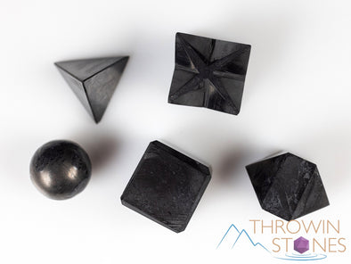 SHUNGITE Crystal Sacred Geometry Set - Crystal Sphere, Cube, Merkaba - Healing Crystals Set, Beginner Crystal Kit, E2146-Throwin Stones
