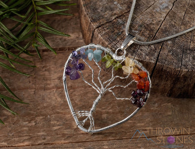 Tree of Life Pendant, CHAKRA Crystal Pendant - Heart - Tree of Life Chakra Necklace, Wire Wrapped Jewelry, E0909-Throwin Stones