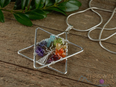 Tree of Life Pendant, CHAKRA Crystal Pendant - Star of David - Tree of Life Chakra Necklace, Wire Wrapped Jewelry, E1386-Throwin Stones