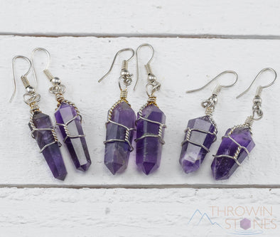 AMETHYST Crystal Earrings - Wire Wrapped Jewelry, Crystal Points, Dangle Earrings, Birthstone Earrings, E0201-Throwin Stones