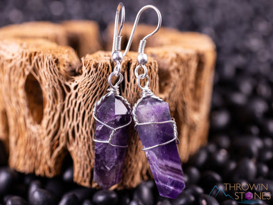 AMETHYST Crystal Earrings - Wire Wrapped Jewelry, Crystal Points, Dangle Earrings, Birthstone Earrings, E0201-Throwin Stones