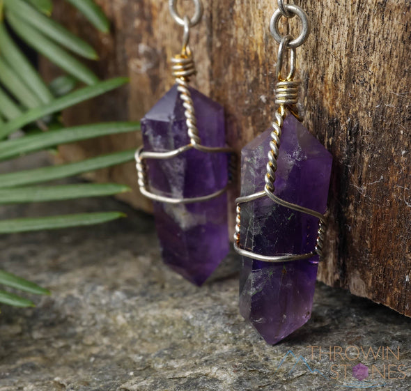 AMETHYST Crystal Earrings - Wire Wrapped Jewelry, Crystal Points, Dangle Earrings, Birthstone Earrings, E0201-Throwin Stones