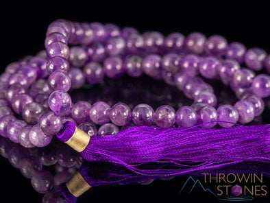 AMETHYST Crystal Necklace, Mala - Beaded Birthstone Necklace, Meditation Jewelry, Healing Crystals and Stones, E0122-Throwin Stones