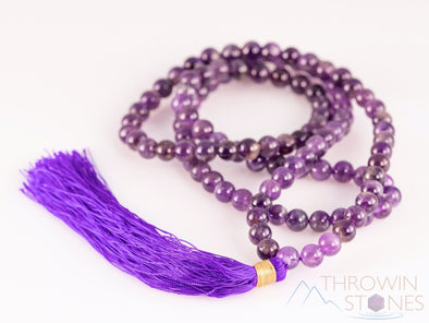 AMETHYST Crystal Necklace, Mala - Beaded Birthstone Necklace, Meditation Jewelry, Healing Crystals and Stones, E0122-Throwin Stones