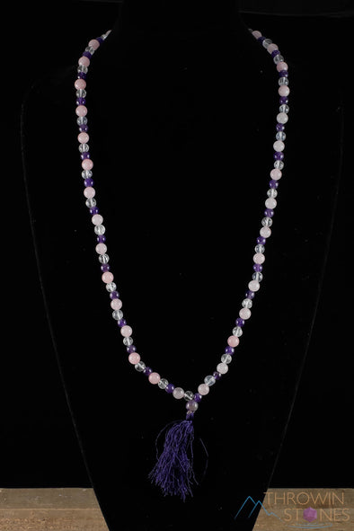 AMETHYST, Rose and Clear QUARTZ, Crystal Necklace, Mala - Handmade Jewelry, Beaded Necklace, Healing Crystals and Stones, E0538-Throwin Stones