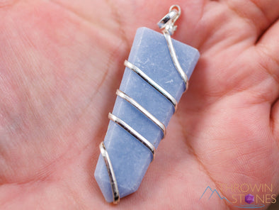ANGELITE Crystal Pendant - Wire Wrapped Crystal Necklace, Crystal Points, Handmade Jewelry, E2070-Throwin Stones