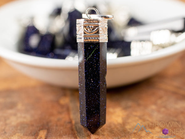 BLUE GOLDSTONE Crystal Pendant - Crystal Points, Pendulum, Handmade Jewelry, Healing Crystals and Stones, E1930-Throwin Stones