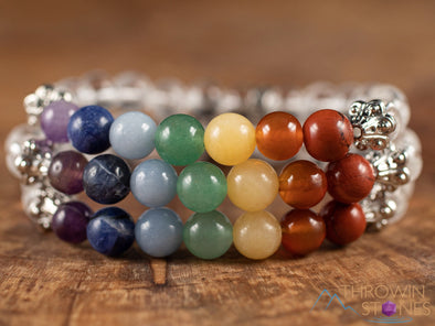 CHAKRA & CLEAR QUARTZ Crystal Bracelet - Round Beads - Beaded Bracelet, Handmade Jewelry, Healing Crystal Bracelet, E1967-Throwin Stones