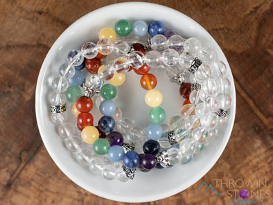 CHAKRA & CLEAR QUARTZ Crystal Bracelet - Round Beads - Beaded Bracelet, Handmade Jewelry, Healing Crystal Bracelet, E1967-Throwin Stones