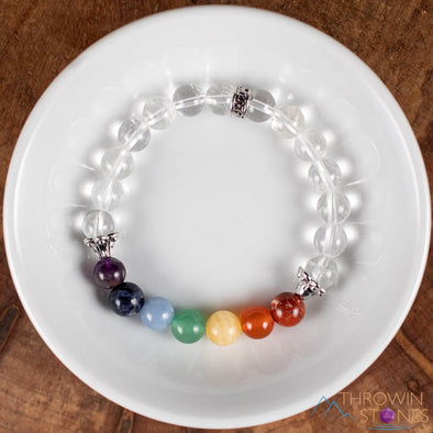 CHAKRA & CLEAR QUARTZ Crystal Bracelet - Round Beads - Beaded Bracelet, Handmade Jewelry, Healing Crystal Bracelet, E1967-Throwin Stones