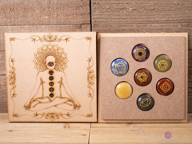 CHAKRA Crystals in Crystal Grid Board Wooden Box - Buddha Yoga - Healing Crystals Set, Self Care Box, Beginner Crystal Kit, E1754-Throwin Stones