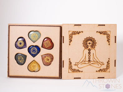 CHAKRA Crystals in Crystal Grid Board Wooden Box - Buddha Yoga - Healing Crystals Set, Self Care Box, Beginner Crystal Kit, E1754-Throwin Stones