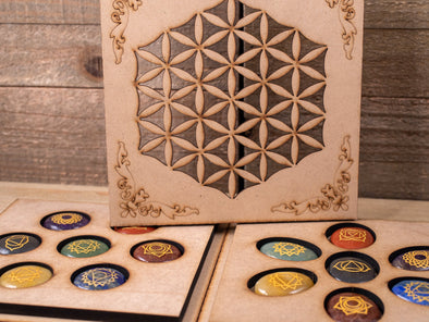 CHAKRA Crystals in Crystal Grid Board Wooden Box - Flower of Life - Healing Crystals Set, Self Care Box, Beginner Crystal Kit, E1756-Throwin Stones