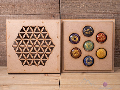 CHAKRA Crystals in Crystal Grid Board Wooden Box - Flower of Life - Healing Crystals Set, Self Care Box, Beginner Crystal Kit, E1757-Throwin Stones