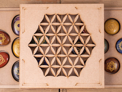 CHAKRA Crystals in Crystal Grid Board Wooden Box - Flower of Life - Healing Crystals Set, Self Care Box, Beginner Crystal Kit, E1757-Throwin Stones