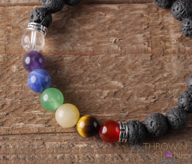 CHAKRA & LAVA ROCK Crystal Bracelet - Round Beads - Aromatherapy Diffuser Bracelet, Beaded Bracelet, Handmade Jewelry, E0459-Throwin Stones