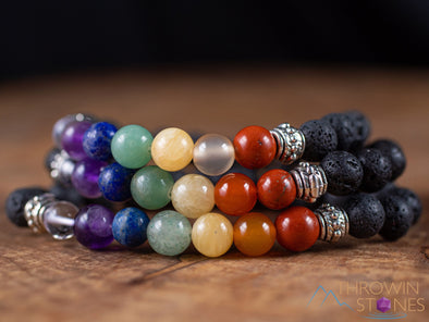 CHAKRA & LAVA ROCK Crystal Bracelet - Round Beads - Aromatherapy Diffuser Bracelet, Beaded Bracelet, Handmade Jewelry, E1968-Throwin Stones