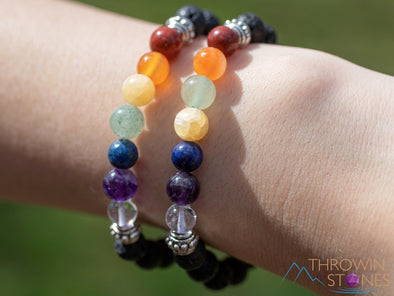 CHAKRA & LAVA ROCK Crystal Bracelet - Round Beads - Aromatherapy Diffuser Bracelet, Beaded Bracelet, Handmade Jewelry, E1968-Throwin Stones