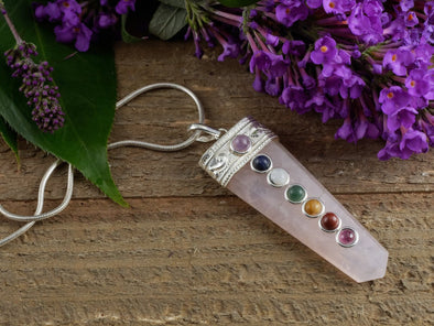 CHAKRA & ROSE QUARTZ Crystal Point Pendant - Birthstone Gemstone Handmade Jewelry, Healing Crystals and Stones, E1179-Throwin Stones