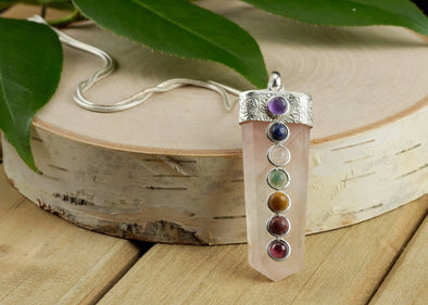 CHAKRA & ROSE QUARTZ Crystal Point Pendant - Birthstone Gemstone Handmade Jewelry, Healing Crystals and Stones, E1179-Throwin Stones