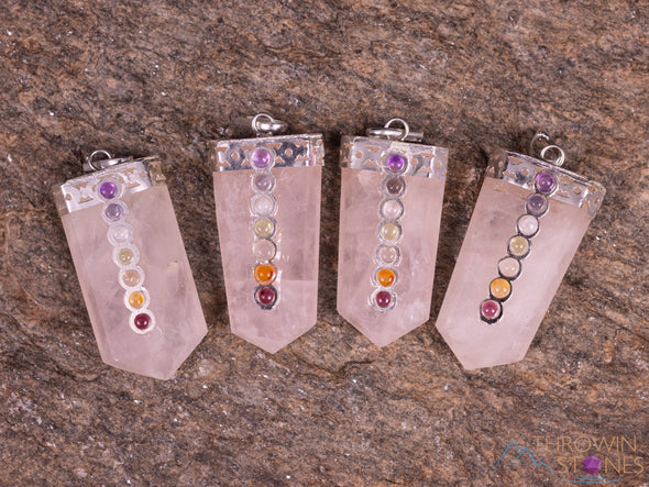 CHAKRA & ROSE QUARTZ Crystal Point Pendant - Birthstone Gemstone Handmade Jewelry, Healing Crystals and Stones, E1179-Throwin Stones