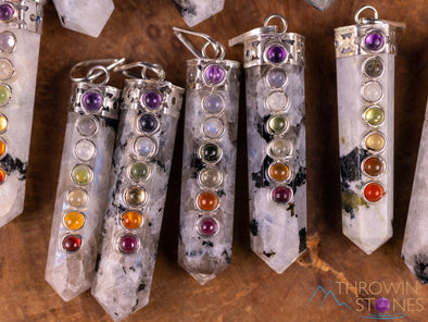 CHAKRA & Rainbow MOONSTONE Crystal Pendant - Crystal Points, Handmade Jewelry, Healing Crystals and Stones, E2118-Throwin Stones