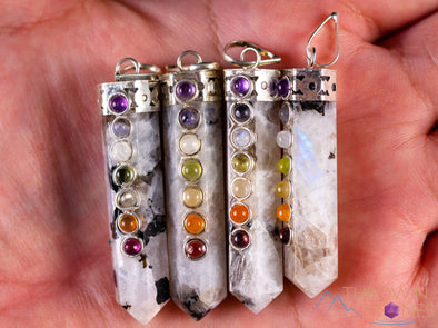 CHAKRA & Rainbow MOONSTONE Crystal Pendant - Crystal Points, Handmade Jewelry, Healing Crystals and Stones, E2118-Throwin Stones