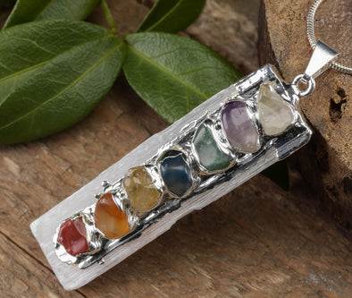 CHAKRA & Raw SELENITE Crystal Pendant - Raw Crystal Necklace, Boho Jewelry, Healing Crystals and Stones, E0284-Throwin Stones