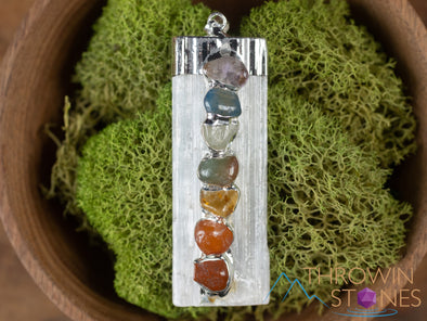CHAKRA & Raw SELENITE Crystal Pendant - Raw Crystal Necklace, Boho Jewelry, Healing Crystals and Stones, E0284-Throwin Stones