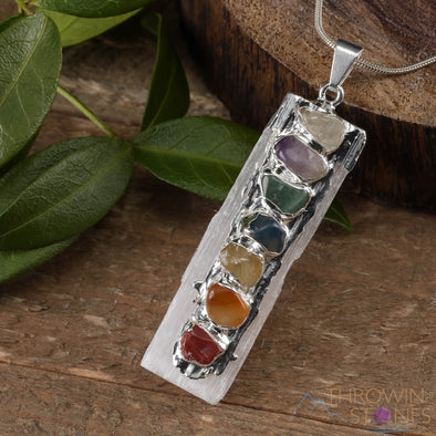 CHAKRA & Raw SELENITE Crystal Pendant - Raw Crystal Necklace, Boho Jewelry, Healing Crystals and Stones, E0284-Throwin Stones