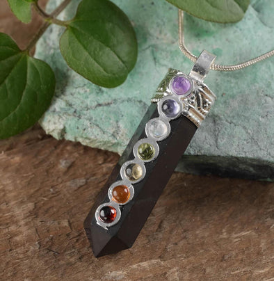 CHAKRA & SHUNGITE Crystal Pendant - Crystal Points, Handmade Jewelry, EMF Protection, E0258-Throwin Stones