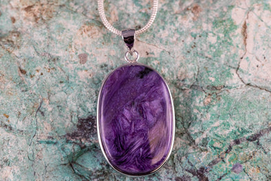 CHAROITE Crystal Pendant - Sterling Silver, Oval - Handmade Jewelry, Healing Crystals and Stones, J1663-Throwin Stones