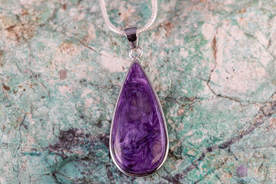 CHAROITE Crystal Pendant - Sterling Silver, Teardrop - Handmade Jewelry, Healing Crystals and Stones, J1651-Throwin Stones