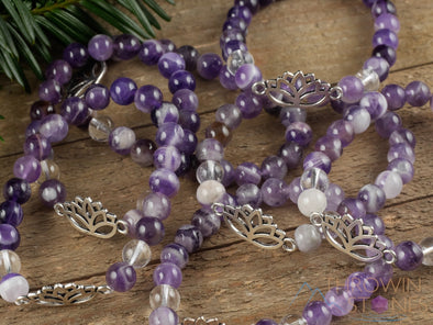 CHEVRON AMETHYST Crystal Bracelet - Lotus Flower, Clear QUARTZ, Round Beads - Charm Bracelet, Beaded Bracelet, Handmade Jewelry, E1437-Throwin Stones