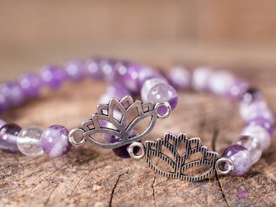 CHEVRON AMETHYST Crystal Bracelet - Lotus Flower, Clear QUARTZ, Round Beads - Charm Bracelet, Beaded Bracelet, Handmade Jewelry, E1437-Throwin Stones