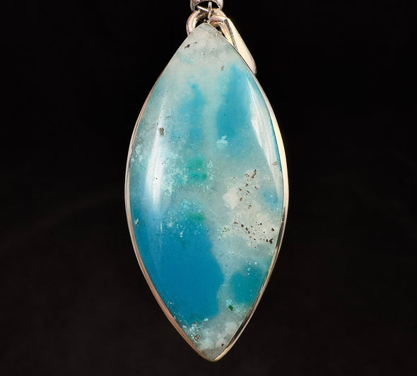 CHRYSOCOLLA Crystal Pendant - Gem Silica - Polished Chrysocolla Marque Shaped Cabochon Set in an Open Back Sterling Silver Bezel, 53162-Throwin Stones