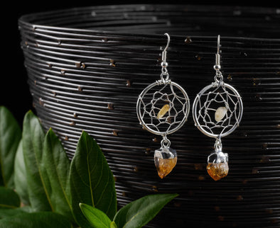 Dream Catcher Earrings, CITRINE Crystal - Statement Earrings, Handmade Jewelry, Healing Crystals and Stones, E0546-Throwin Stones