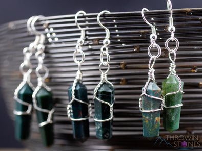 HELIOTROPE BLOODSTONE Crystal Earrings - Crystal Points Dangle Drop Earrings, Wire Wrapped Gemstone Handmade Jewelry, E0552-Throwin Stones