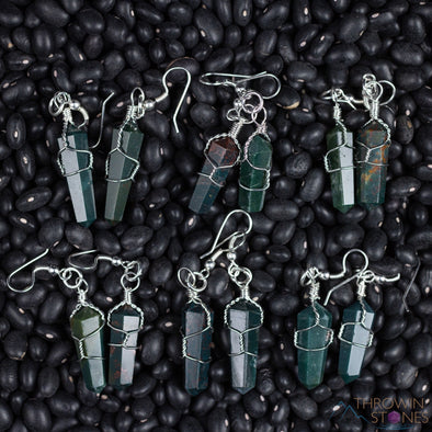 HELIOTROPE BLOODSTONE Crystal Earrings - Crystal Points Dangle Drop Earrings, Wire Wrapped Gemstone Handmade Jewelry, E0552-Throwin Stones