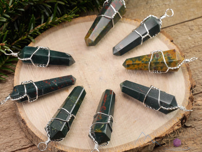 HELIOTROPE BLOODSTONE Crystal Point Pendant - Wire Wrapped Gemstone Handmade Jewelry, Healing Crystals and Stones, E1421-Throwin Stones