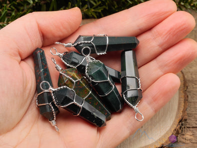 HELIOTROPE BLOODSTONE Crystal Point Pendant - Wire Wrapped Gemstone Handmade Jewelry, Healing Crystals and Stones, E1421-Throwin Stones